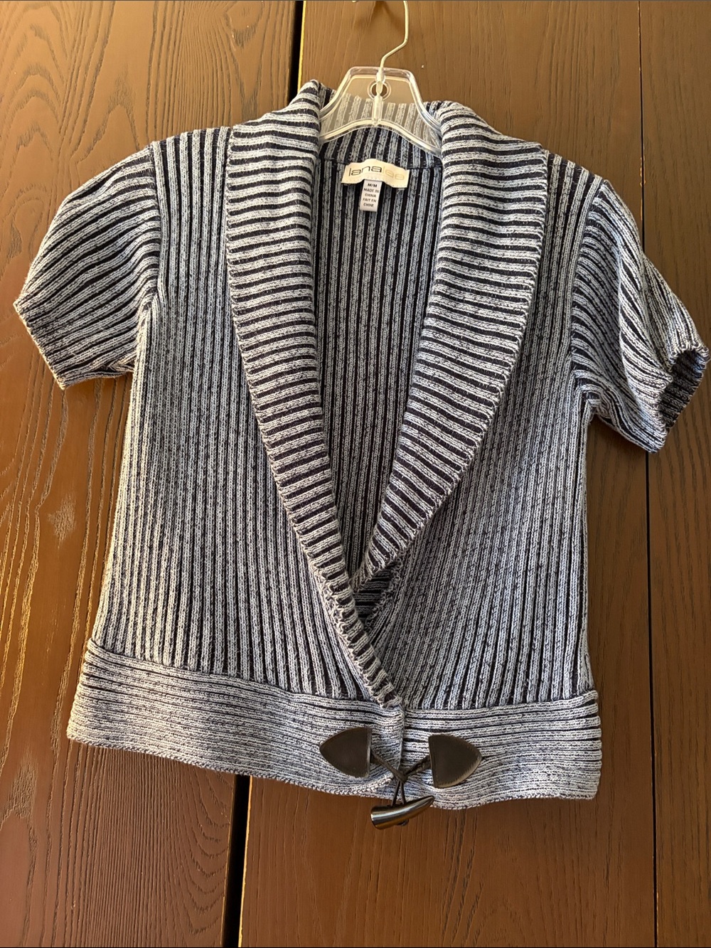 Lana Lee Gray & Black Short-Sleeve Ribbed Shawl Collar Cardigan. Size Medium.